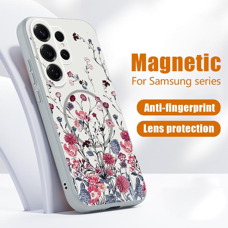 Retro Hot Pink Flower Pattern Case For Samsung Galaxy S26 Ultra S25 Edge S24 Plus S23 FE S22 A54 A55 A56 5G Magnetic For Magsafe Matte Cover