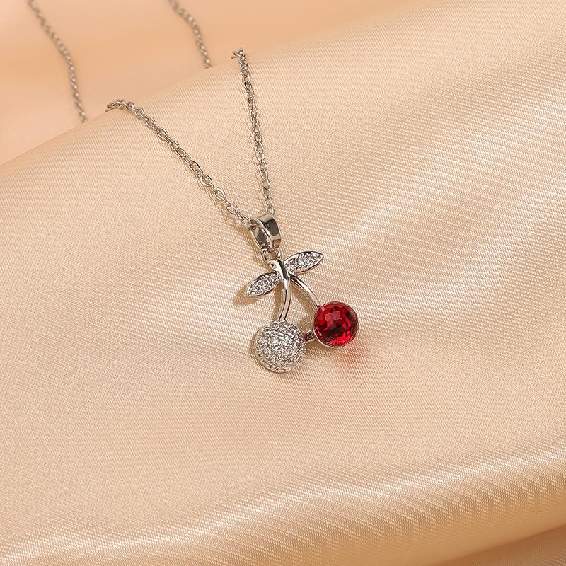 Women's Luxury Zircon Cherry Pendant Necklace - Elegant Copper Clavicle Chain