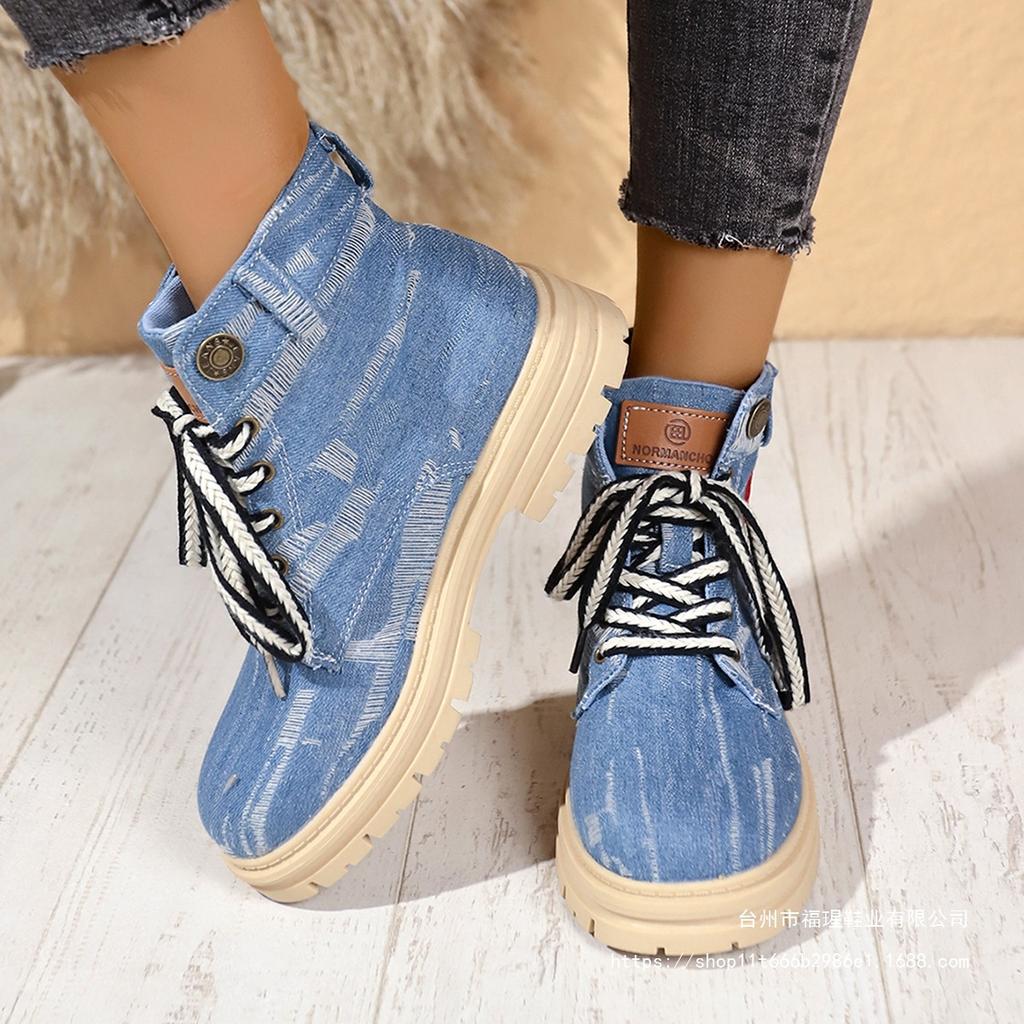 Denim platform Martin boots 2025 winter color matching British style women 2025 printing tooling boots