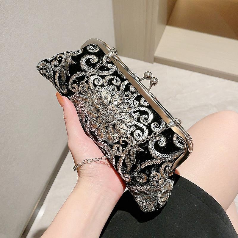 Velvet Cheongsam Bag Bridal Vintage Dinner Handbag Prom Cocktail Party Evening Clutch Embroidered Chain Purse