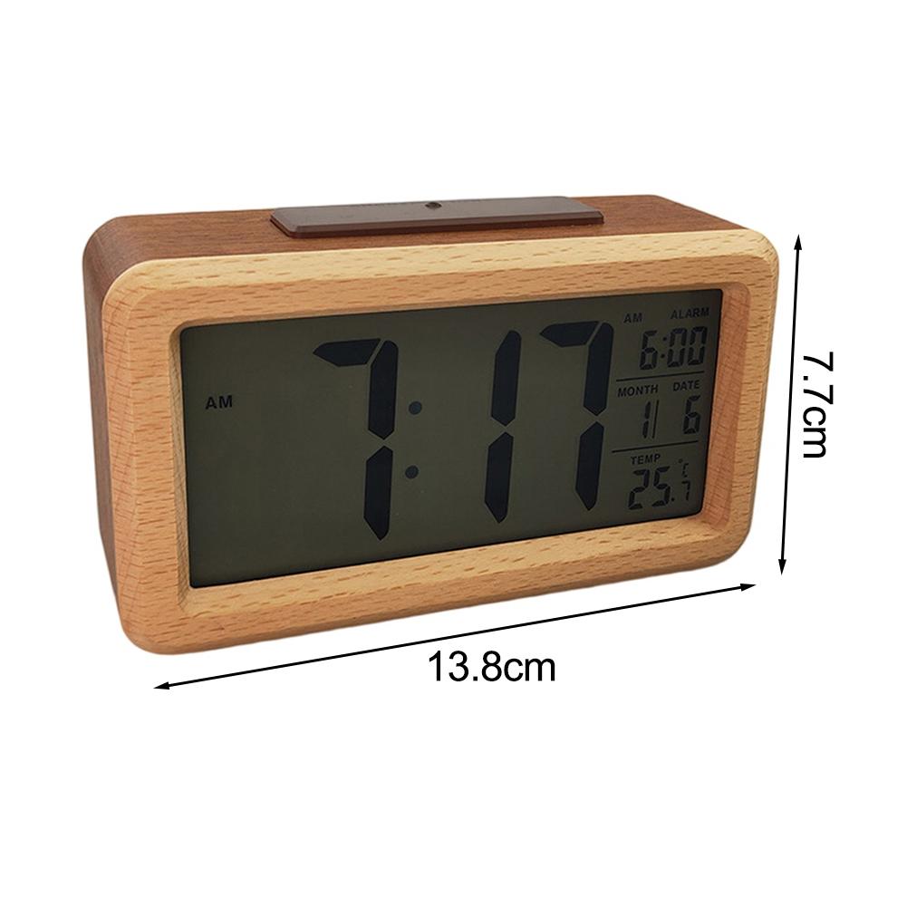 Digital Wooden Alarm Clock with LED Display Featuring Time and Temperature Customizable Alarm and Snooze for Bedroom or Desk