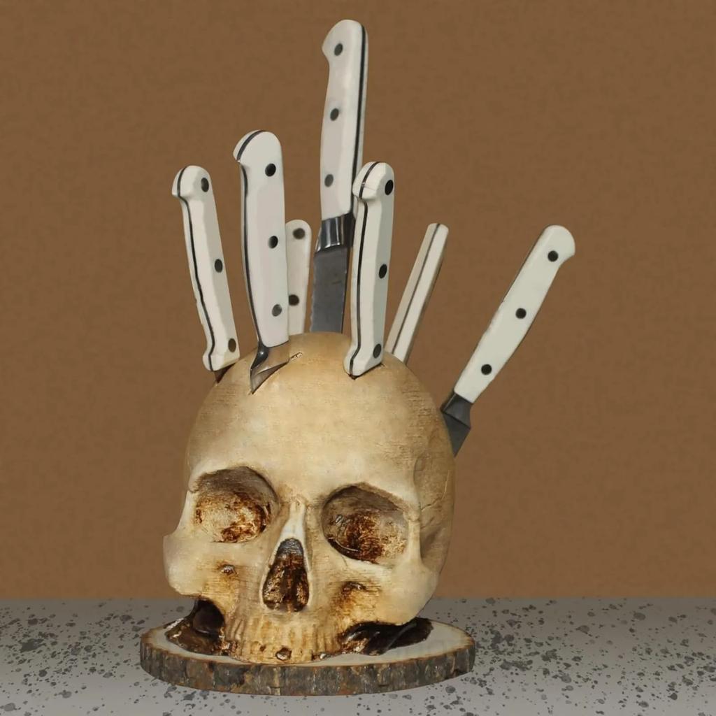 1pc Knife Holder Halloween Skull Head Knife and Fork Seat Resin Ornaments Terrifying Atmosphere Kitchen Utensils Party Dressing