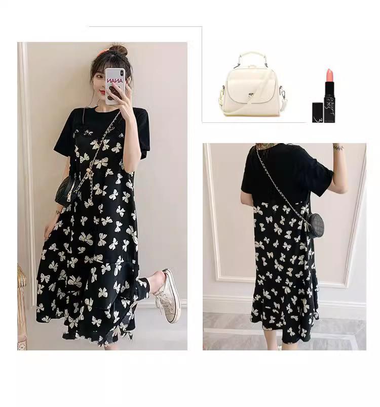 Plus Size Floral Cover-Belly Two-Piece Long Dress - Slim & Loose Fit for Summer