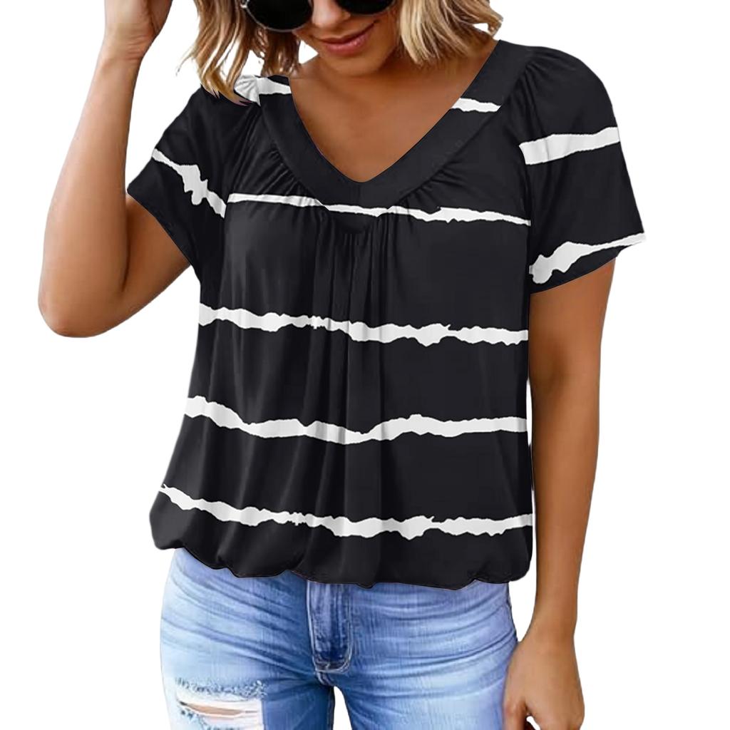 Women's Casual V Neck Short Sleeve Top Geometric Print Pleated Design Lightweight Soft Fabric Blouse for Everyday Wear