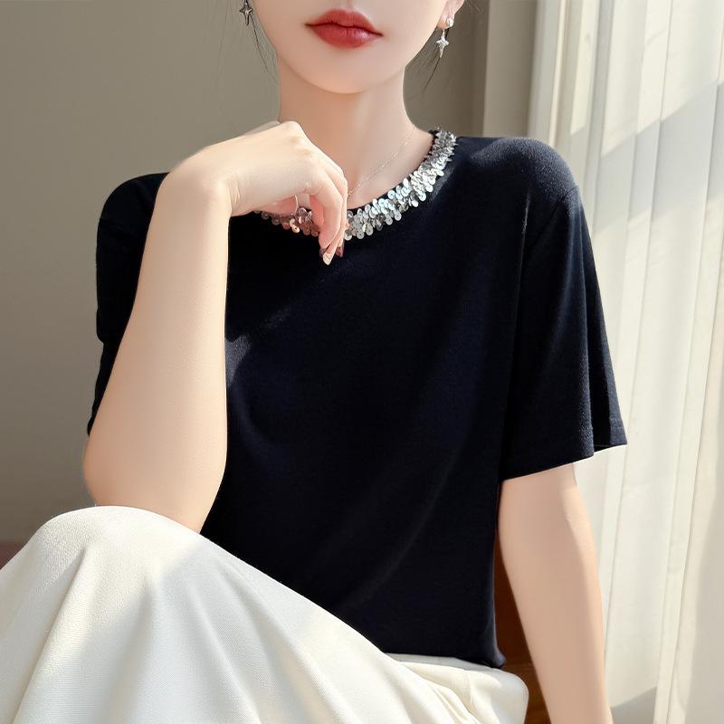 Spring and Summer Heavyweight Sequin Solid Color Base Shirt T-Shirt New Round Neck Knitted Shirt Short Sleeve Women's