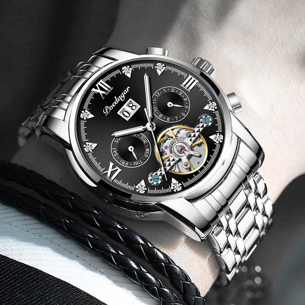 POEDAGAR Ceasuri de lux pentru bărbați, marca de top, cu cutie, calendar, ceasuri mecanice pentru bărbați, multifuncționale, impermeabile, cu goluri luminoase