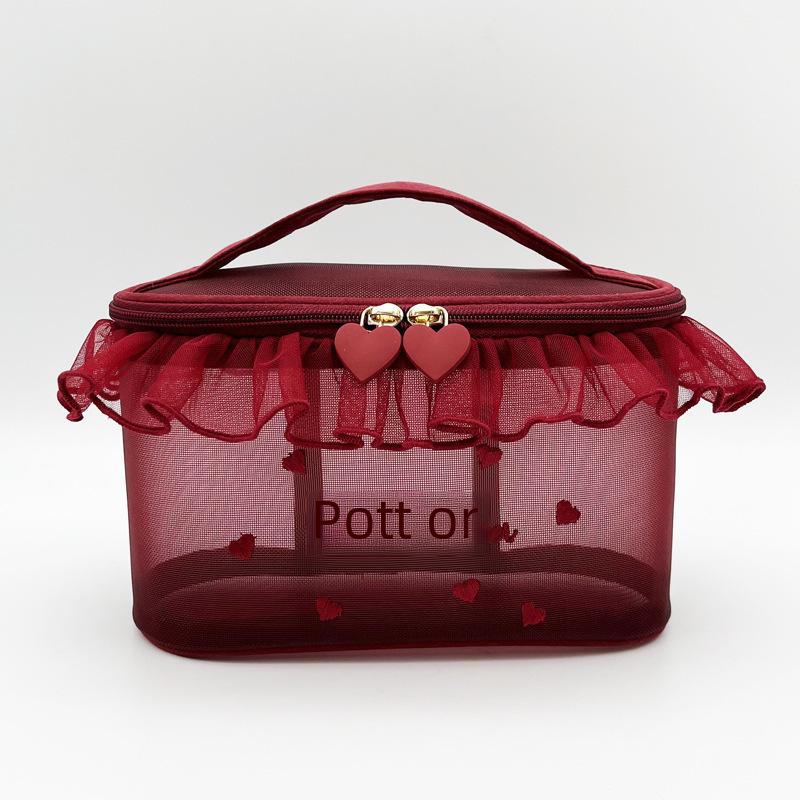 "Petite Heart Lace Mesh Cosmetic and Tissue Bag"