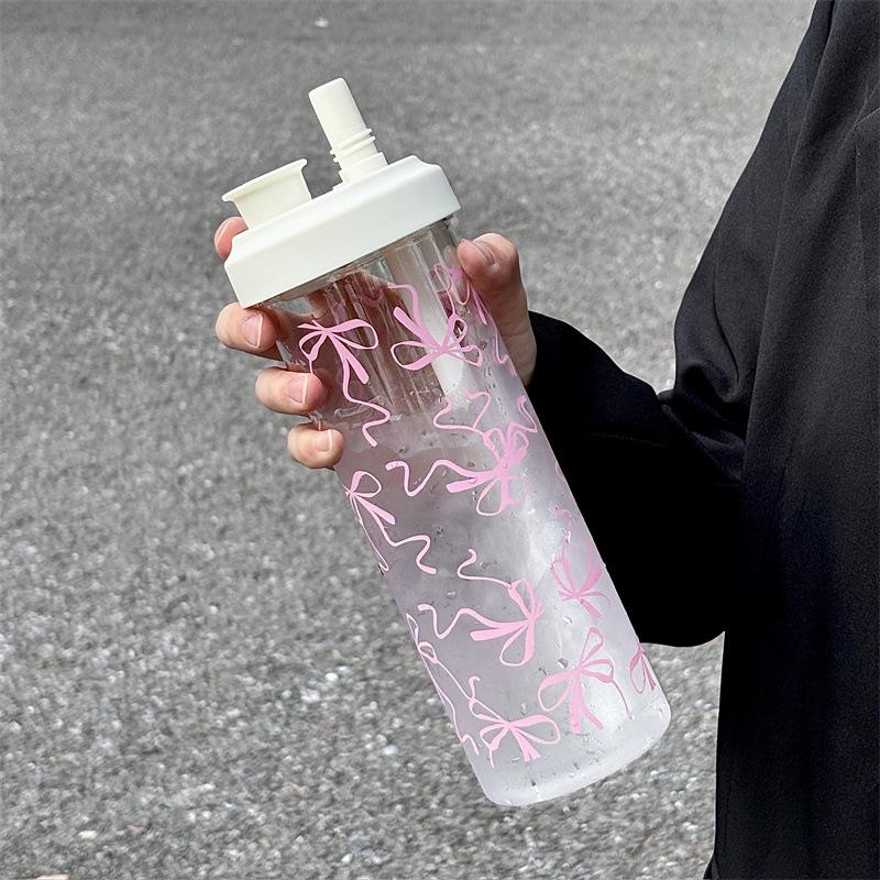 500Ml Bow Plastic Straw Cup Lid Student Office Cold Drink Cup With Straw Coffee Juice Milk Portable Large Capacity Water Cup