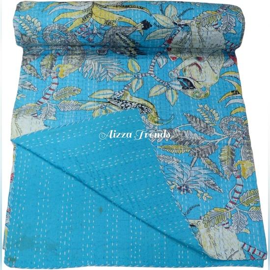 Aizza Trends Handmade Pure Cotton Monkey Print Kantha Quilt  - Traditional Look Bed Spread Kantha Gudri - Vintage Hand Stitch Gudri