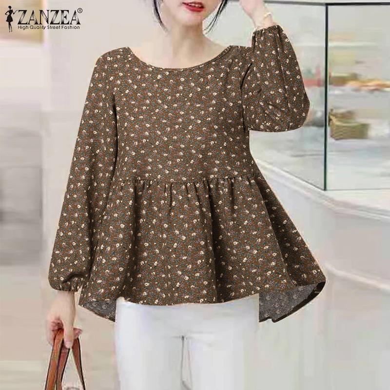 

ZANZEA Женская блузка с круглым вырезом, укороченной складкой, длинным рукавом спереди, короткой спиной, длинной блузкой с цветочным принтом