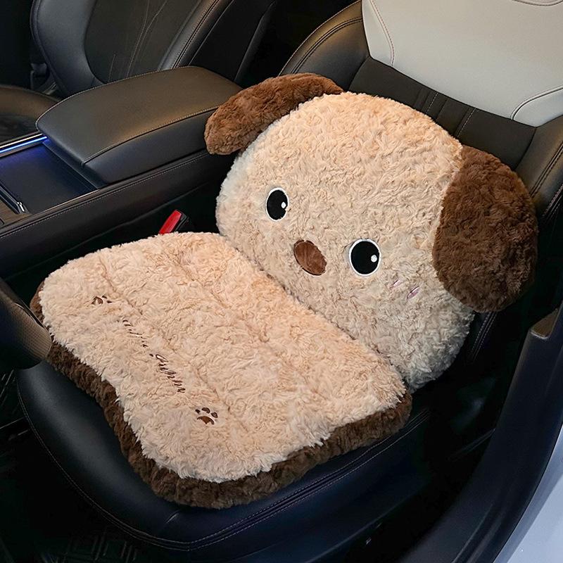 Car Seat Cushion Winter Integrated Warm Cartoon Seat Cushion Car Lumbar Support Neck Pillow Waist Rest Cute Plush Dog Backrest