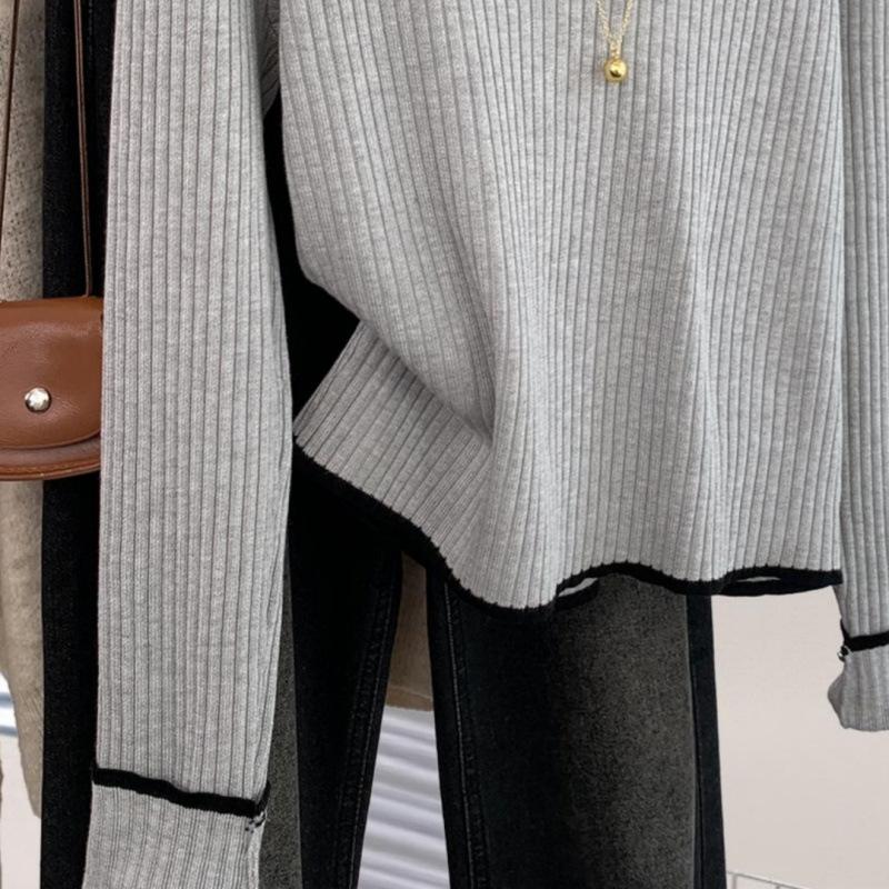 Gray lapel bottom knitted sweater women's autumn and winter new Korean version v-neck inner sweater top spring