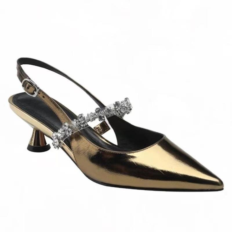 Spring and summer new rhinestone leather silver pointed back empty Mary Jane single shoes small heel bag head sandals women