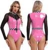 Womens Checkerboard Racer Car Halloween Cosplay Speed Racer Driver Bodysuit Checkerboard Leather Leotard Jumpsuit Sexy Uniform