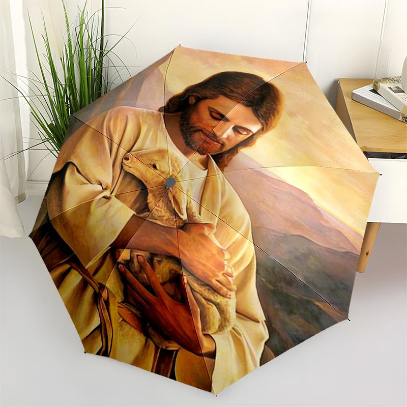 

Jesus, Sheep Themed Automatic Opening and Closing Umbrella, Compact Travel Umbrella, Lightweight and Portable, Suitable for Beach Commuting