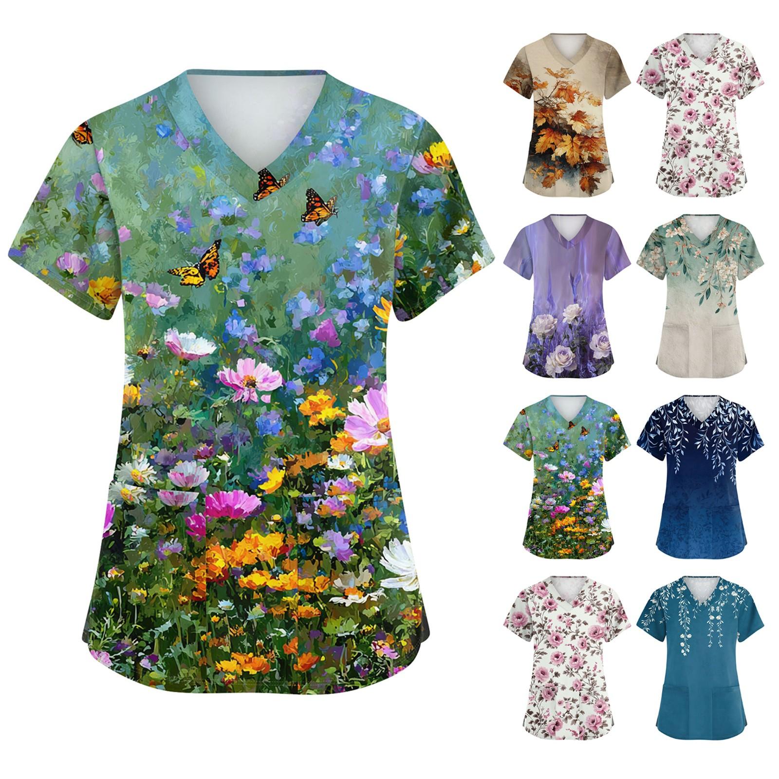 

Жіночий симпатичний робочий одяг з принтом, V-подібним вирізом, двошарові кишені, базовий пуловер з короткими рукавами XL фіолетовий