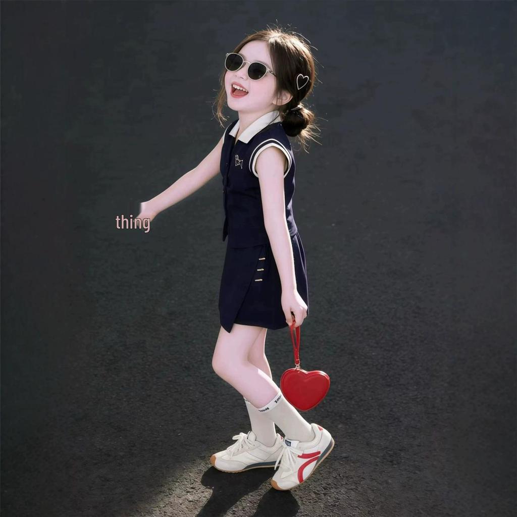 Girls' Summer Style Polo Collar Vest & Skirt Two-Piece Set - Trendy Korean-Inspired Outfit