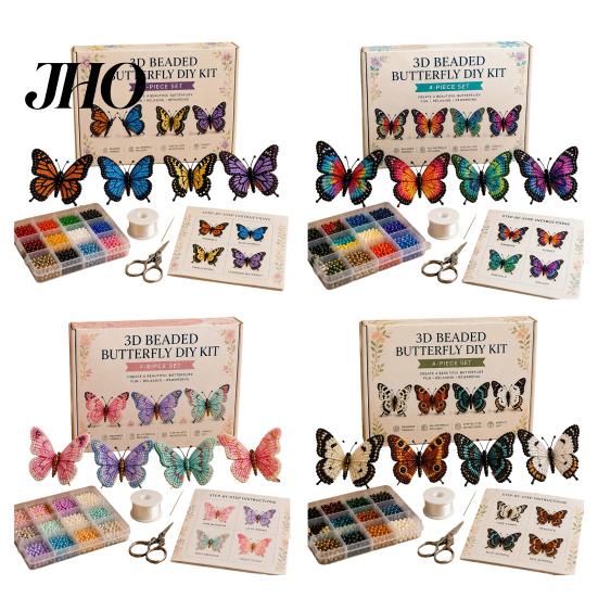 Entspannende Bastelprojekte 3D Perlen Schmetterling Set, Kleines Tier DIY Handgemachtes Kunst Set für Erwachsene mit Anleitung, Süßes 4er-Pack Schmetterlinge Perlenstickerei