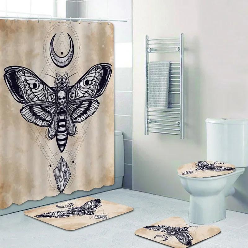 Spooky Pentagram Demon Satanic Goat Head Shower Curtain Set Rug Retro Black Magic Skull Tattoo Bath Curtains Mats Bathroom