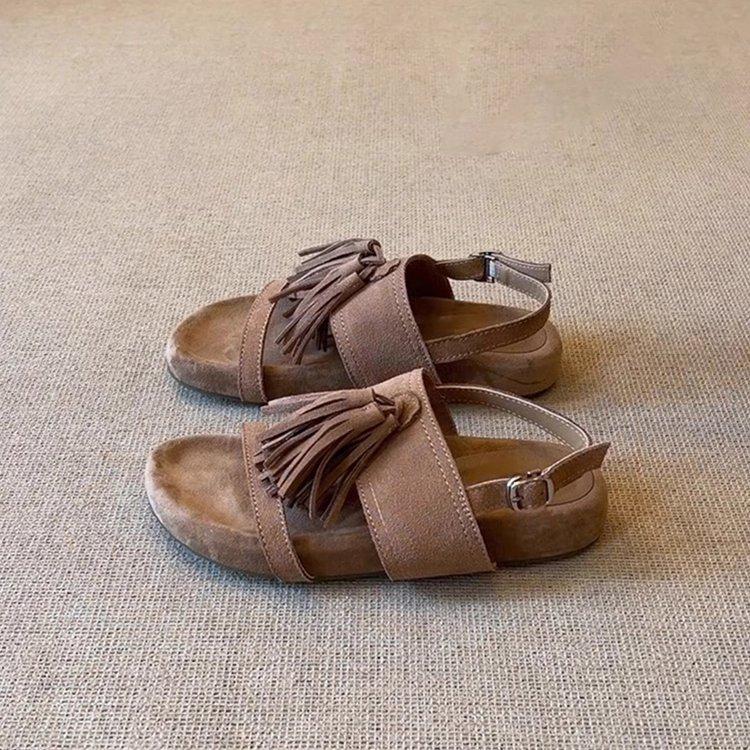 

Soft leather version~ retro niche matte fringed word with Roman shoes women s super soft stepping on shit comfortable vacation sandals 40