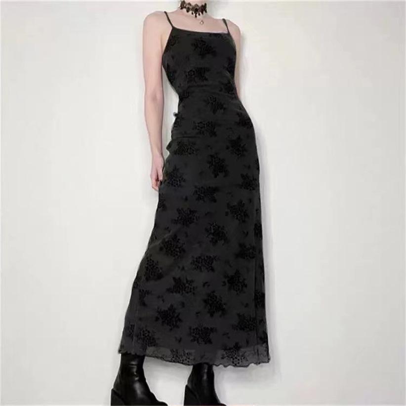 

Elegant Mesh Print Sleeveless Camisole Dress - Summer Women s Sexy Open Back Bodycon Long Dress S чорний