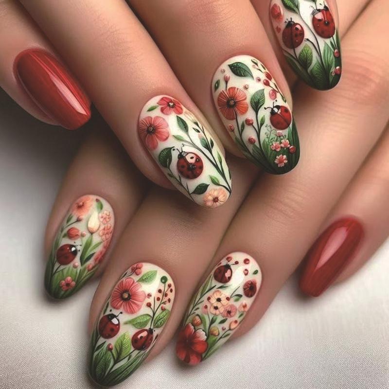 Floral Short Oval False Nail with Flower Pattern Acrylic Press On Nail Manicure Nail Decors for Holiday Celebrations