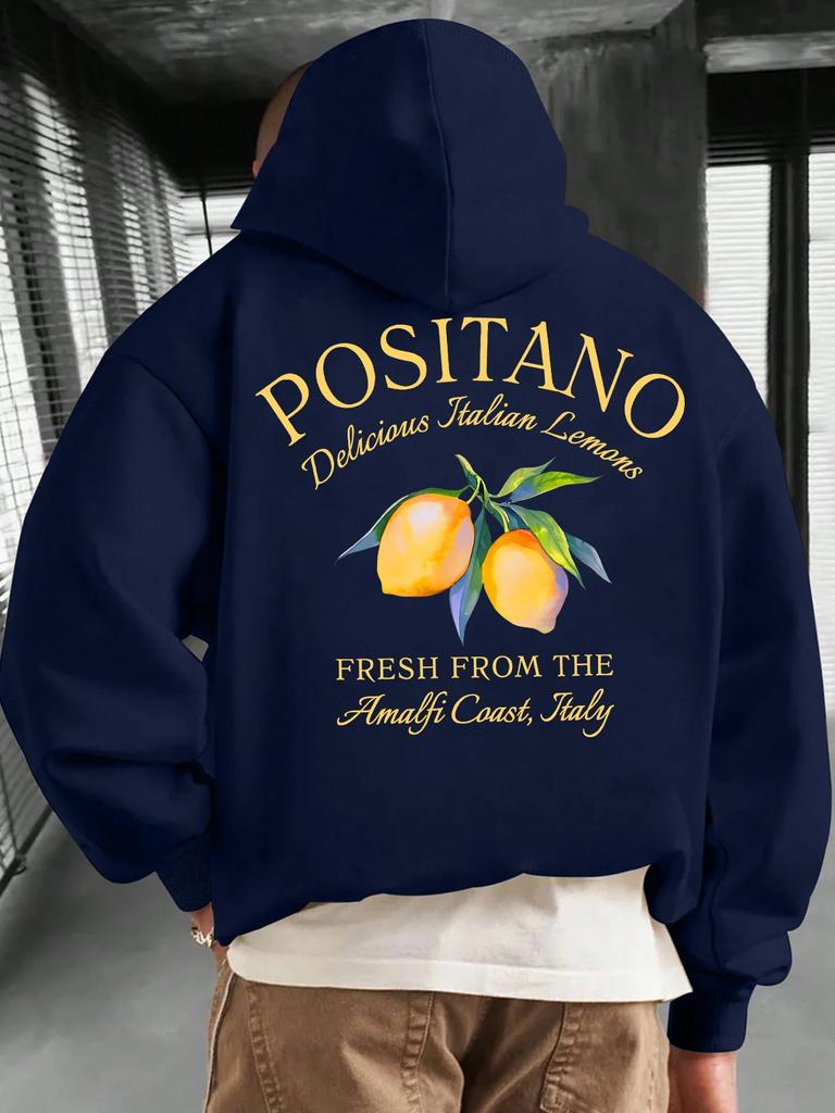 Fall Winter Casual Loose Hoodie Minimalist Positano Amalfi Lemon Watercolor Print Italian Vacation Daily Warm Hooded Top