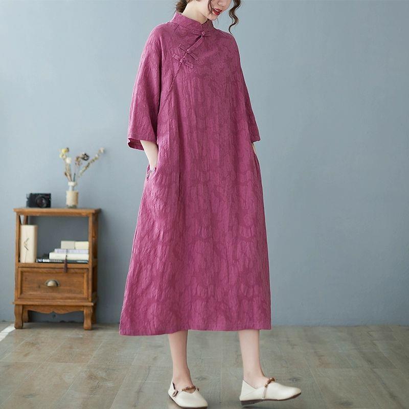 Retro Frog Button Cotton Linen Casual Long Dress