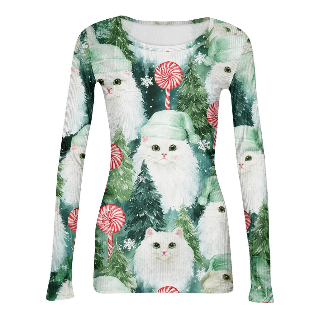 Women's Casual Christmas Print Long Sleeve Ribbed Knit Top with Round Neck