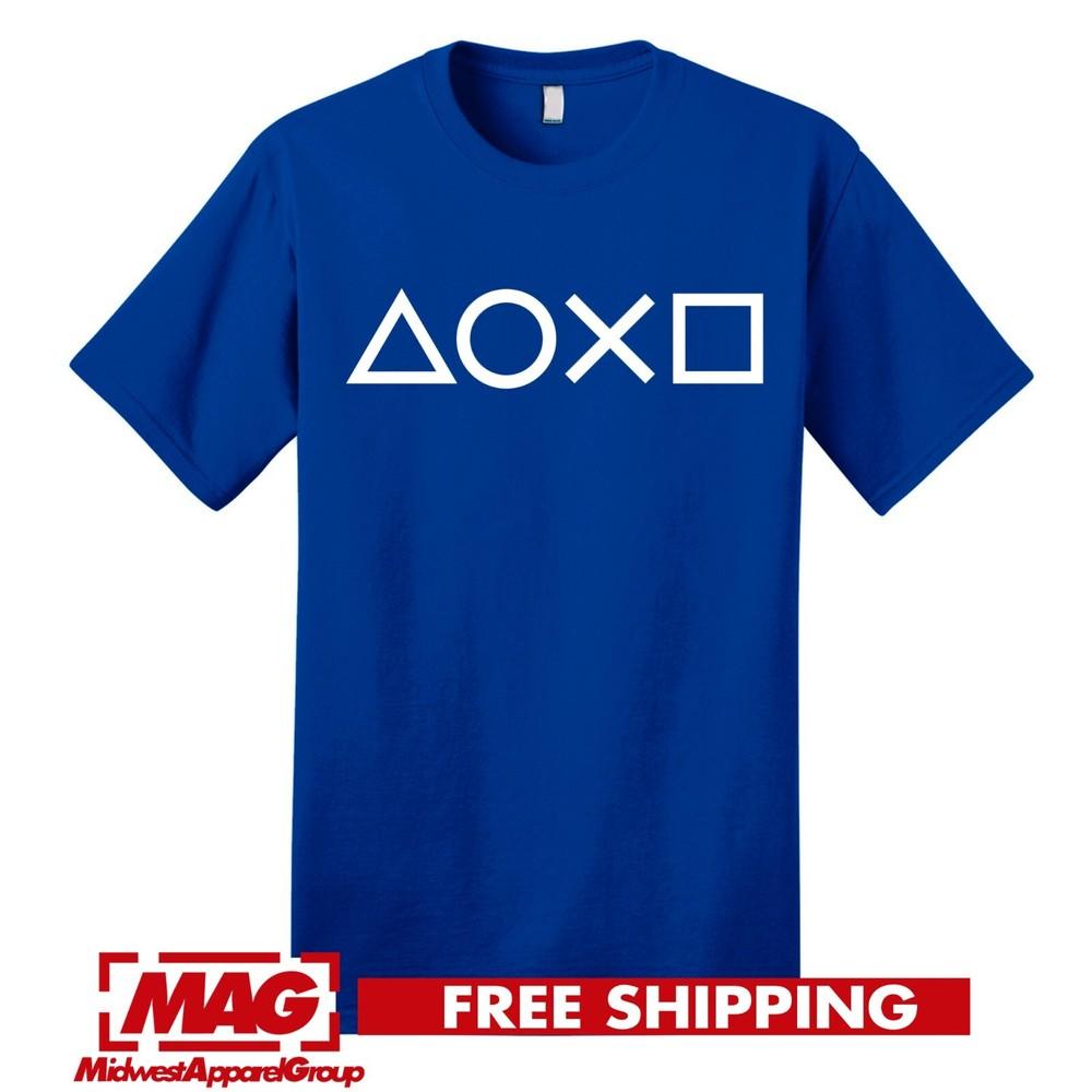 СИНИЙ ФУТБОЛКА С ИКОНКАМИ И ЛОГОТИПОМ КОНТРОЛЛЕРА PS Playstation Видеоигра Игровая Футболка Футболка PS5 Унисекс Футболка M