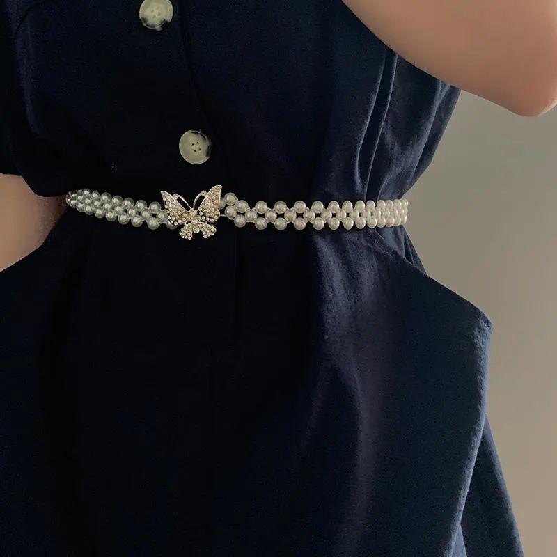 Women's Pearl Elastic Waist Chain for Hanfu and Korean Style Outfits - Versatile Woven Beaded Slimming Accessory