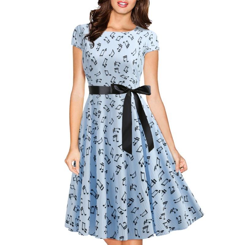 Retro women's clothing crew neck cover sleeve music note striped print big pendulum dress with black ribbon waist