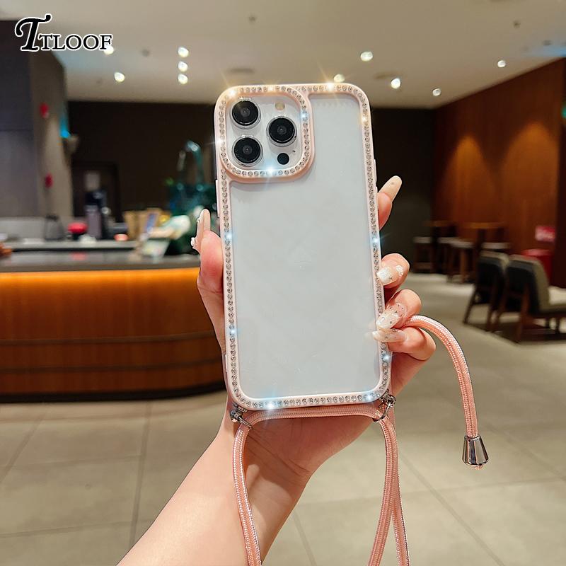 Diamond Glitter Crossbody Necklace Lanyard Case For iPhone 16 16E 11 12 13 14 15 Pro Max Plus Bling Transparent Soft Cover