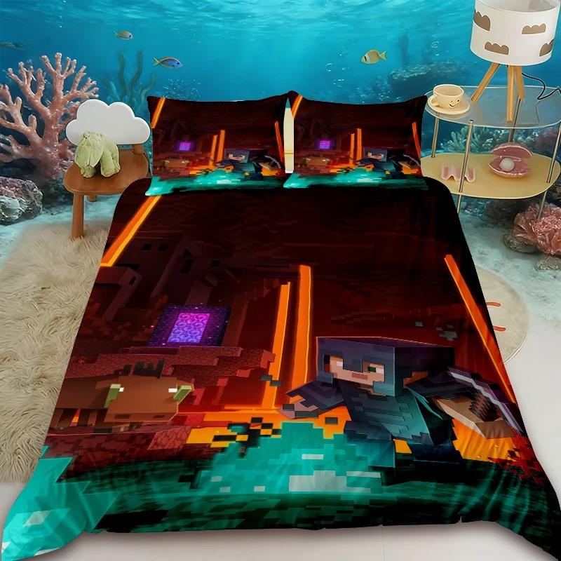 Minecraft 2/3pcs Duvet Cover Cartoon My World Quilt Cover Bedding Set Queen King Size with 1/2 Pillocase Bedroom