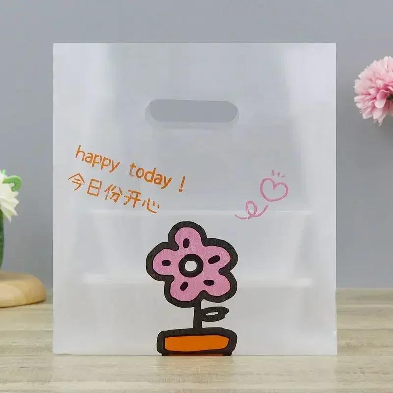 

Flower Cartoon Pattern Portable Plastic Bag Dessert Bread Baking Packaging Pocket Thicken Environmentally Friendly Gift Handbag 18x25x9cm 100pcs