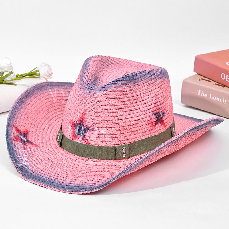 Hat Women's Summer Western Cowboy Straw Hat Ethnic Style Retro Sunscreen Sun Hat Solid Color Bullhead Label