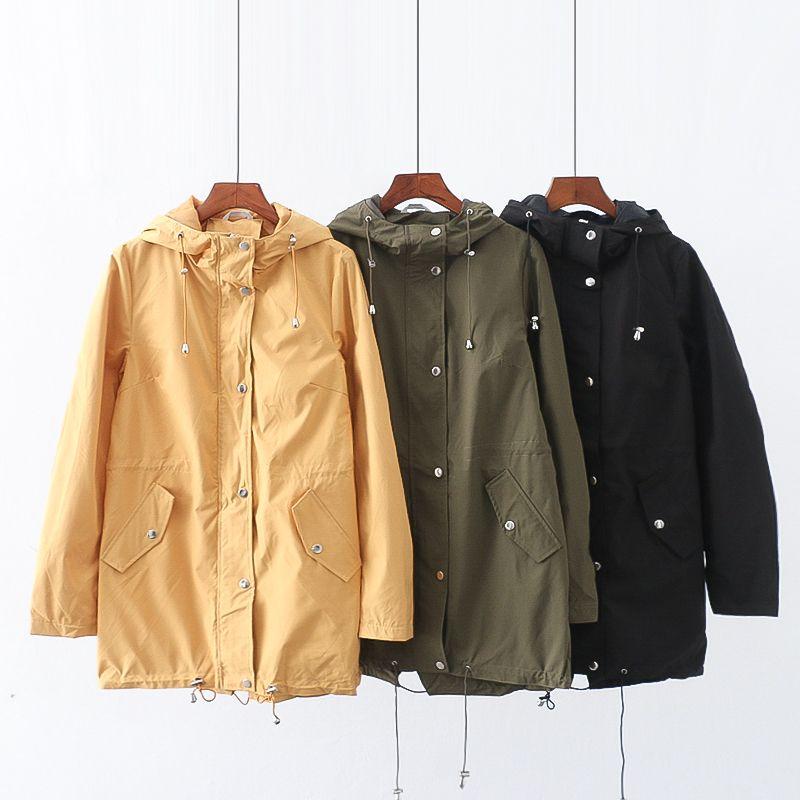 

Foreign Trade European and American Single Women clothes Outerwear Spring and Autumn New Hood Loose Solid Casual Fashion Women Mid-Length Top