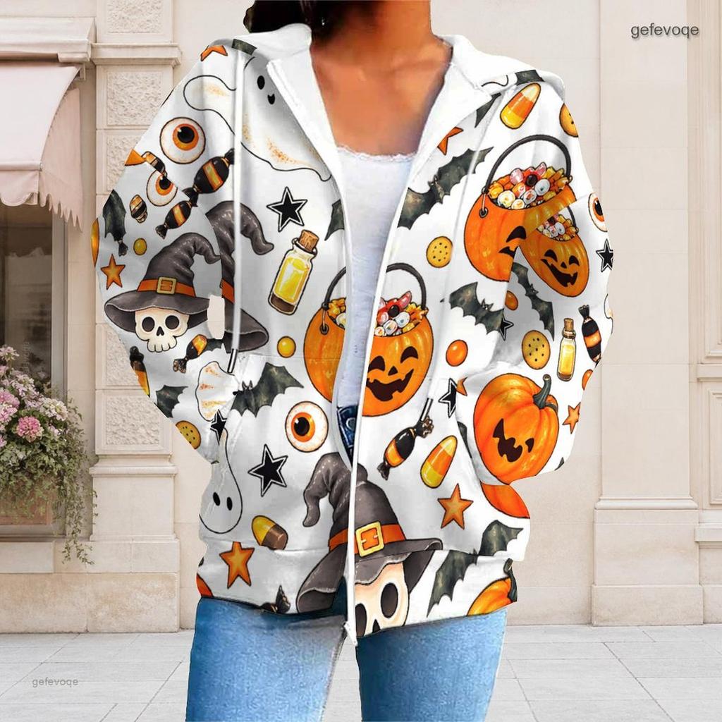 Women Plus Size White Zip Up Hoodie Long Sleeve Halloween Dachshund Printed Drawstring Hood With Pockets