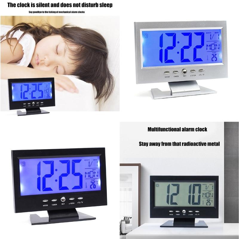 Elektronische Uhr mit sprachaktivierten Schlummerfunktionen und Umgebungsmonitoren für moderne Heimdekoration