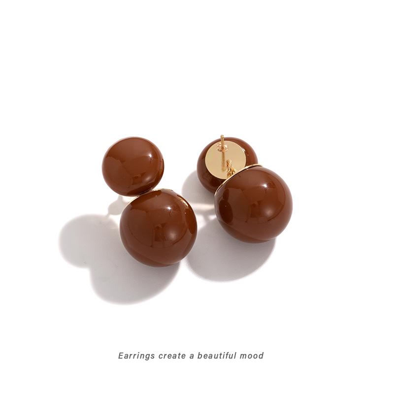 Maillard Brown Elegant Small Ball Stud Earrings with Mosquito Coil Clips for Women, 2025 Autumn/Winter Collection