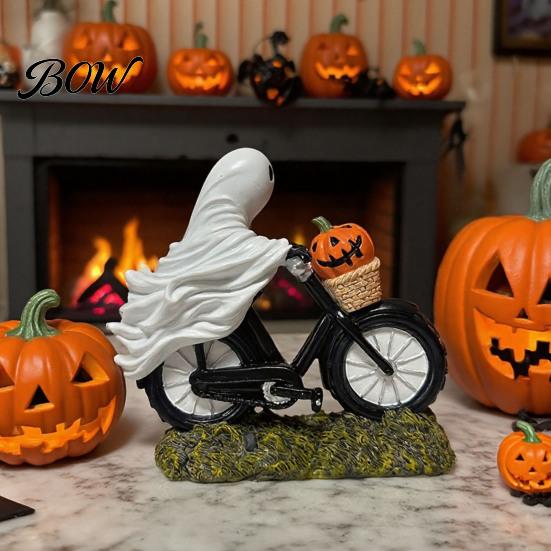 Artistic Resin Ghost Craft Halloween Riding Motorcycle Figurine, Novelty Rider Creative Desk Accessory Statue with Pumpkin for Indoor Home Tabletop
