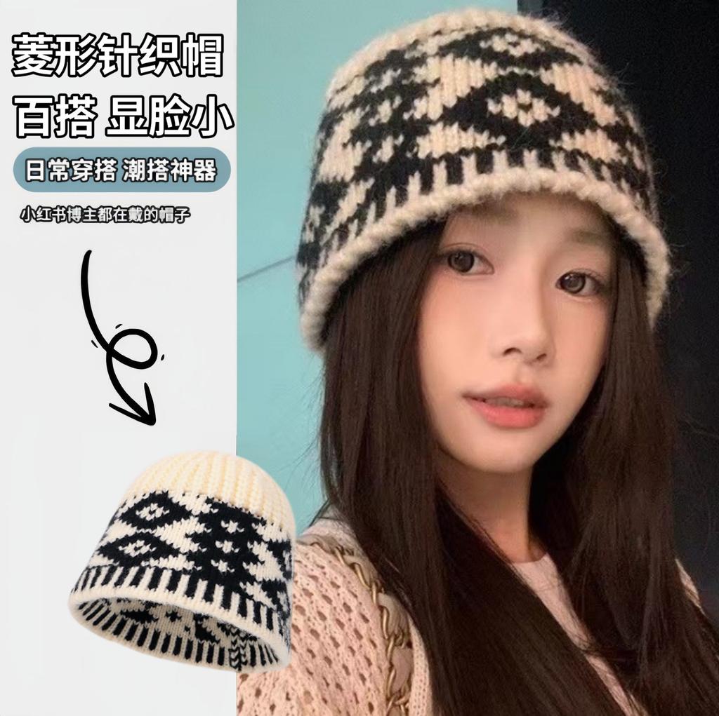 Bucket hat women's knitted basin hat autumn and winter versatile face small wool hat cover face bucket hat women