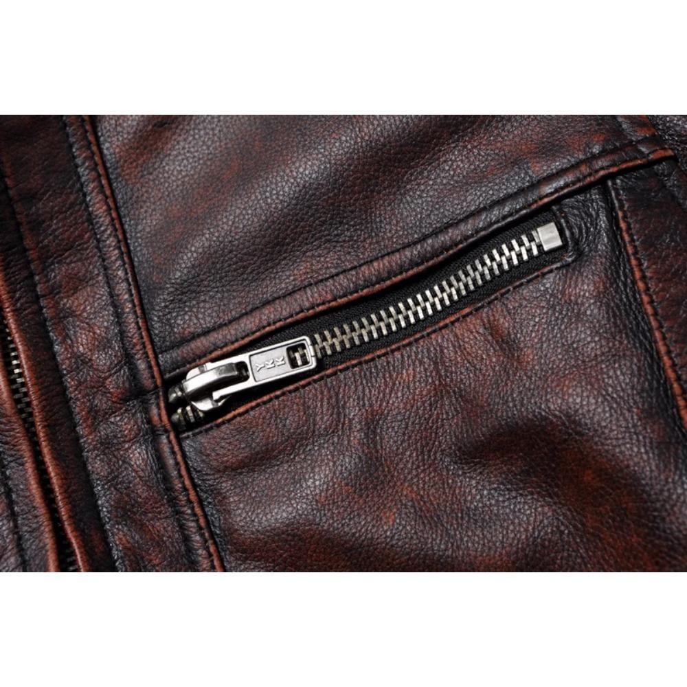 Chinese Size Vitnage Red Brown Men Leather Jacket Cowhide Leather Motorcycle Style Genuine Cow Jackets for Men Autumn