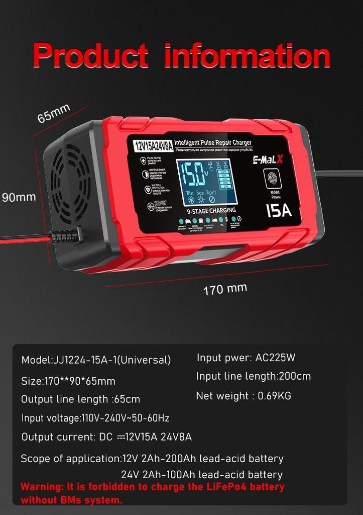 12V/24V Pulse Charger: 14.6V15A LiFePO4 Battery Charger for Motorcycles & Cars