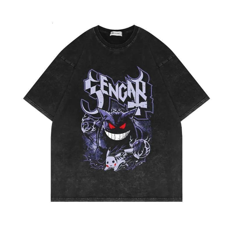 240g heavyweight washed vintage short-sleeve T-shirt with Gengar anime Pokemon print American style trendy oversize S разноцветный