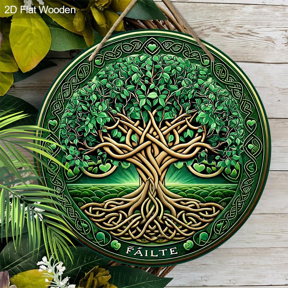 1pc Green Tree of Life Ornament Wooden 2D Flat Hanging, Xmas Decorations, Round-shaped Hanging Wall or Door Decor, Holiday Party Decor, Home Garden