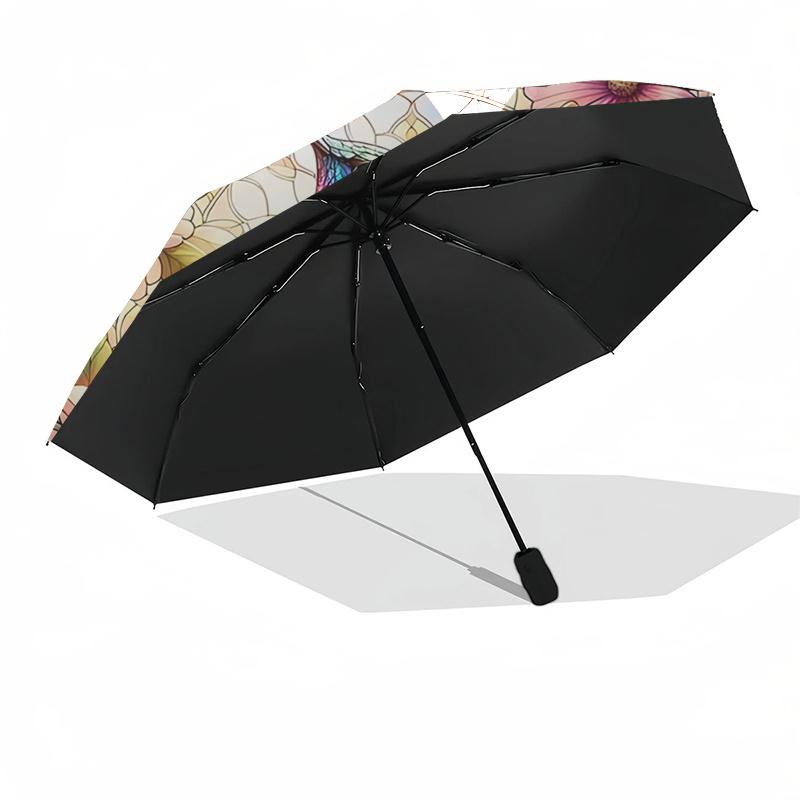 Stained Hummingbird Floral Pattern Automatic Folding Umbrella - Portable 3-Fold Design with Iron Frame, Perfect for Outdoor Use, Festive Gif