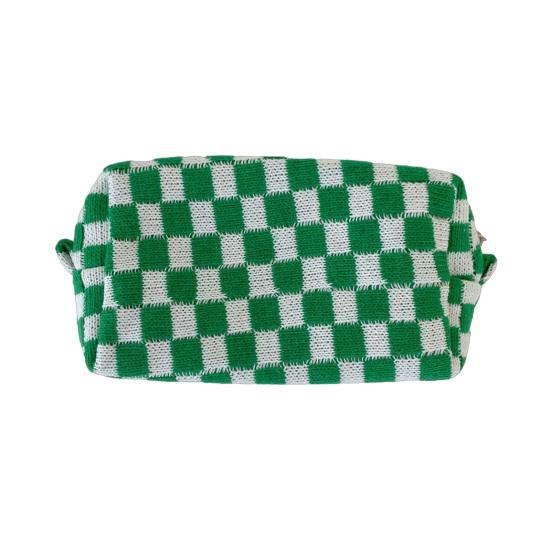 Checkered Makeup Bag for Women Knitted Travel Cosmetic Pouch Portable Plaid Toiletry Organizer with Zipper for