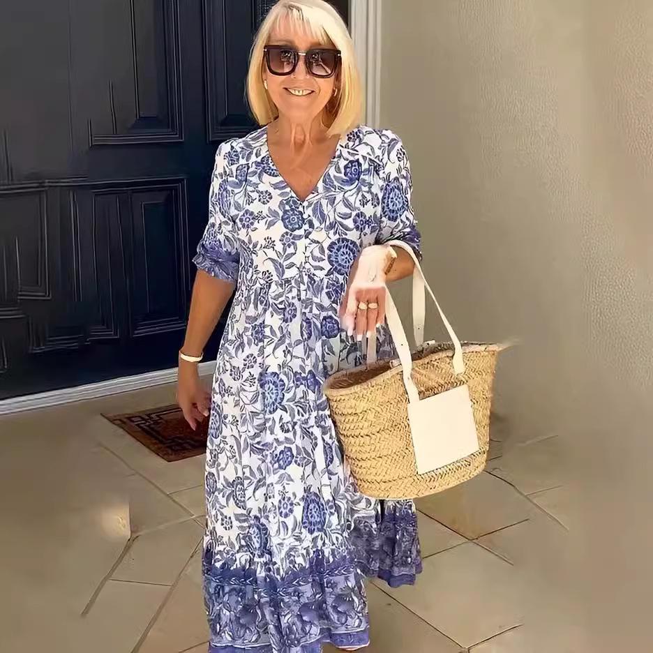 

Autumn 2023 Floral Tie-Dye Commuter Dress with Long Seven Sleeves 5XL