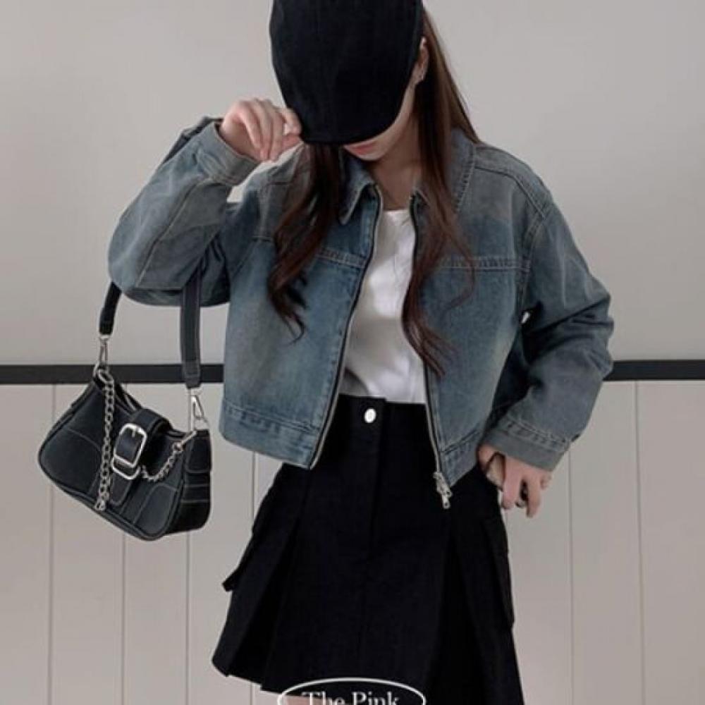 The Pink Loose Fit Collar Neck Two Way Semi Crop Denim Jacket